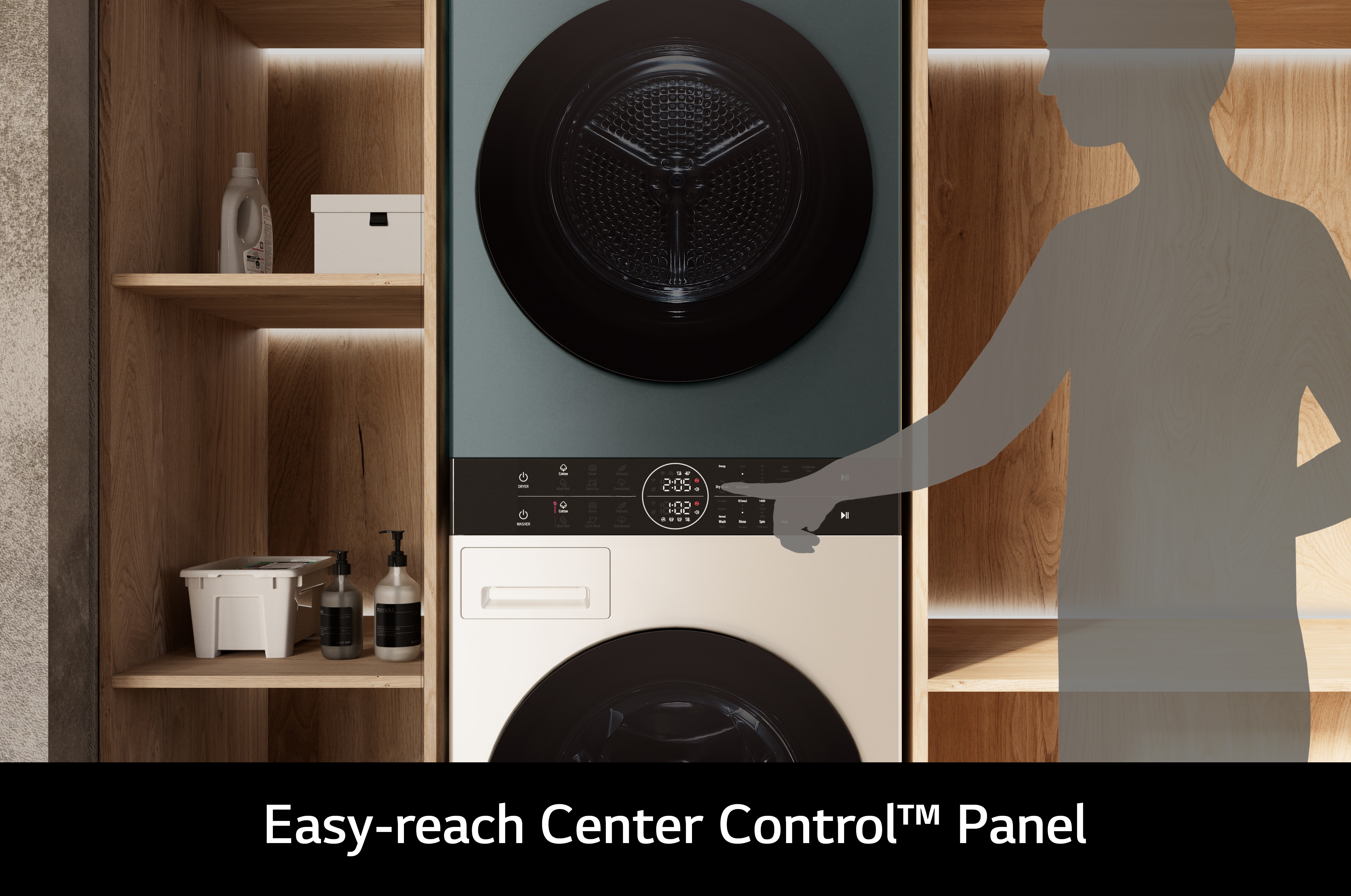 A little boy is operating the product through the Center Control. And, a close-up view of the panel is shown next to the product.